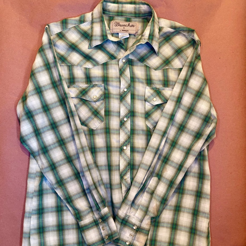Wrancher by Wrangler Men Green Plaid Western Pearl Snap Shirt MTW1193 Large